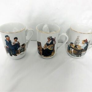 VINTAGE SET Of 5 Norman Rockwell Museum Coffee Mugs Cups White Gold Trim JAPAN